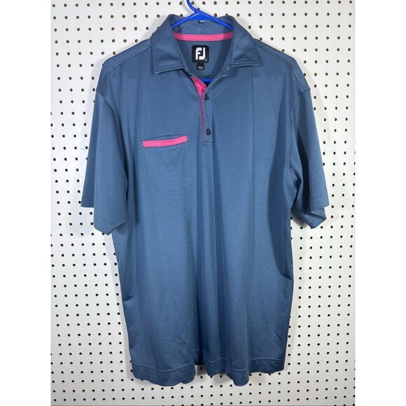 FootJoy Golf Polo Mens Space Blue Pink Trim Short Sleeve Single Pocket Shirt siz - Picture 1 of 6